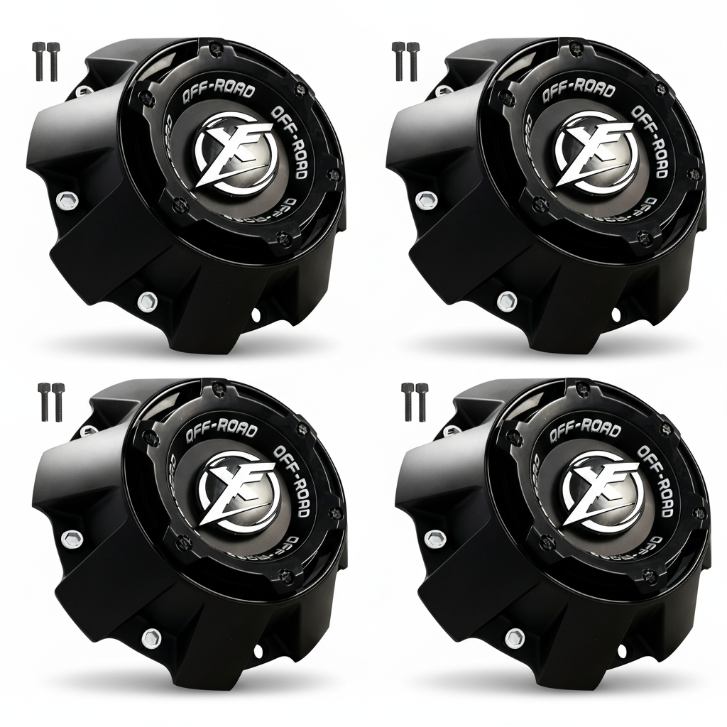 Four XF Off-Road 1444L227H black center caps