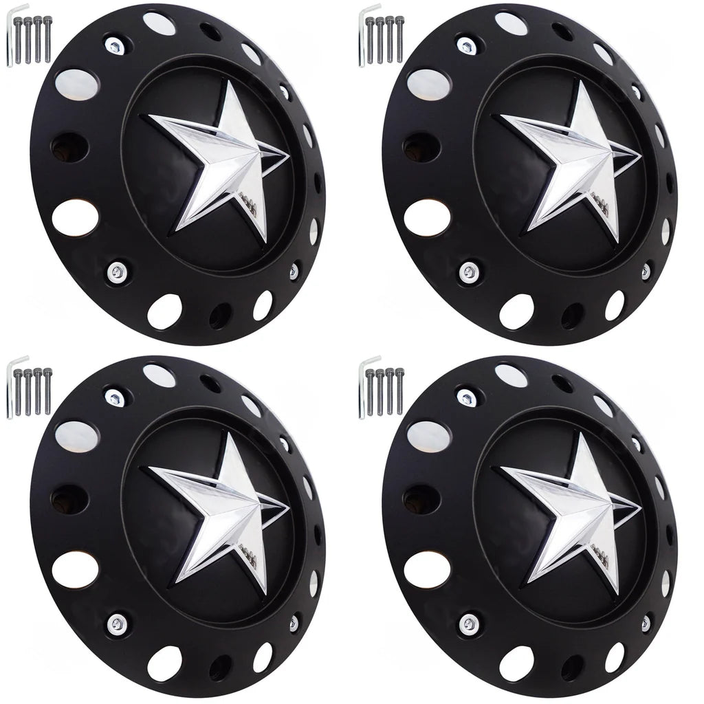 Four KMC XD775 Rockstar matte black tall caps