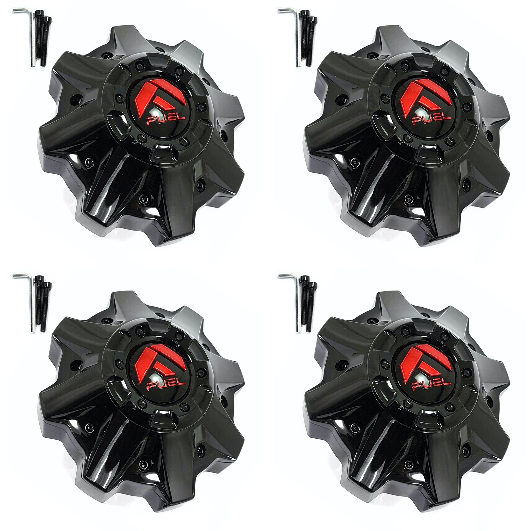 Fuel Wheels Gloss Black Red Logo Wheel Center Cap # 1002-53GBQ / 1002-49GBQ Lrg. Ext. (4 CAPS)