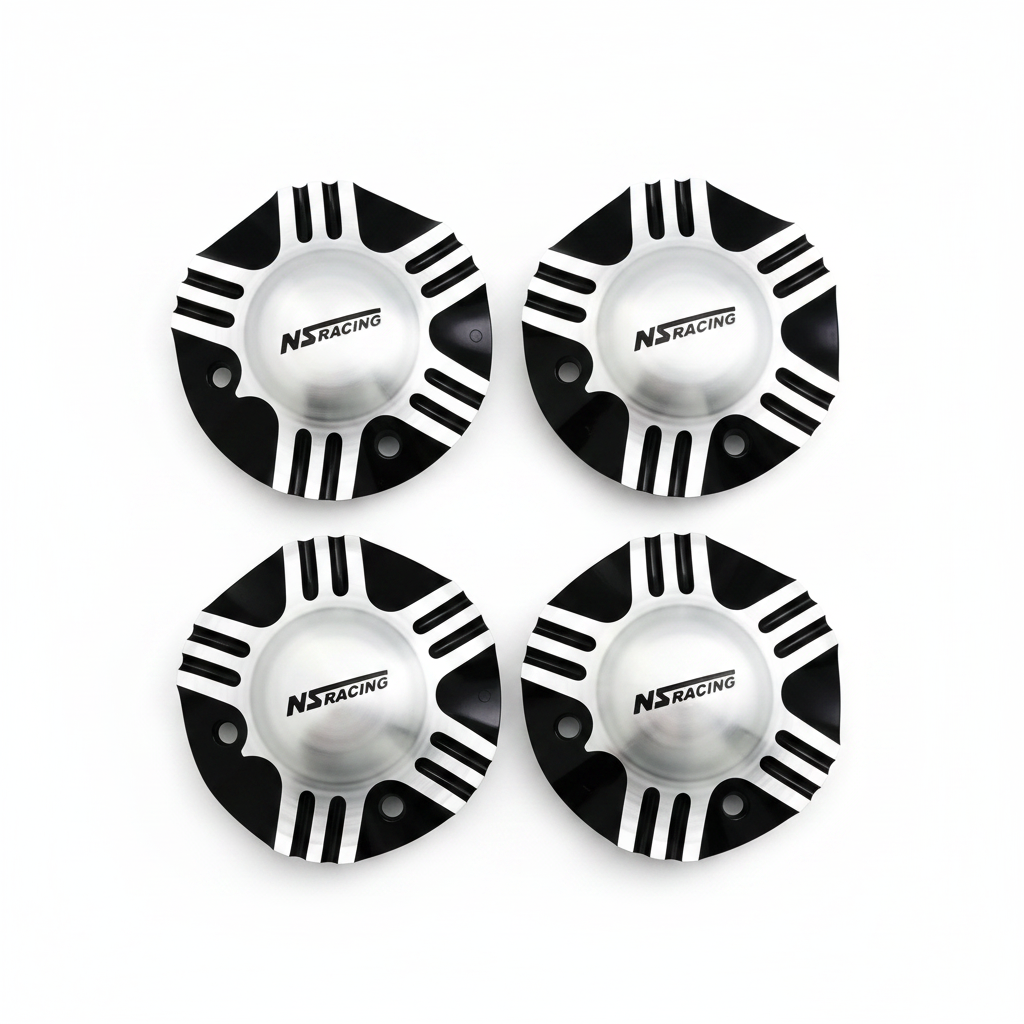 Four NS Racing C-055-2 silver black center caps