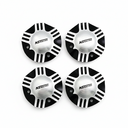 Four NS Racing C-055-2 silver black center caps