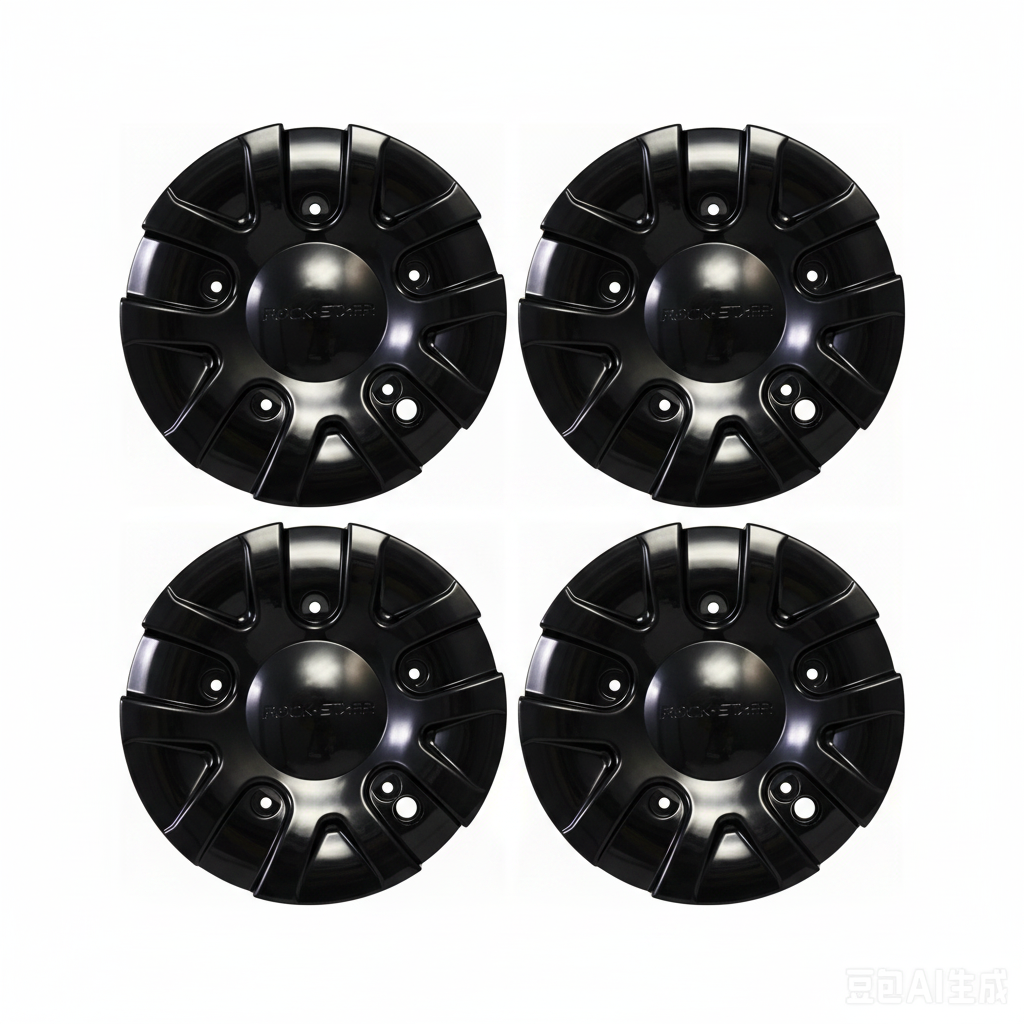 Four ROCKSTARR C-139 gloss black center caps