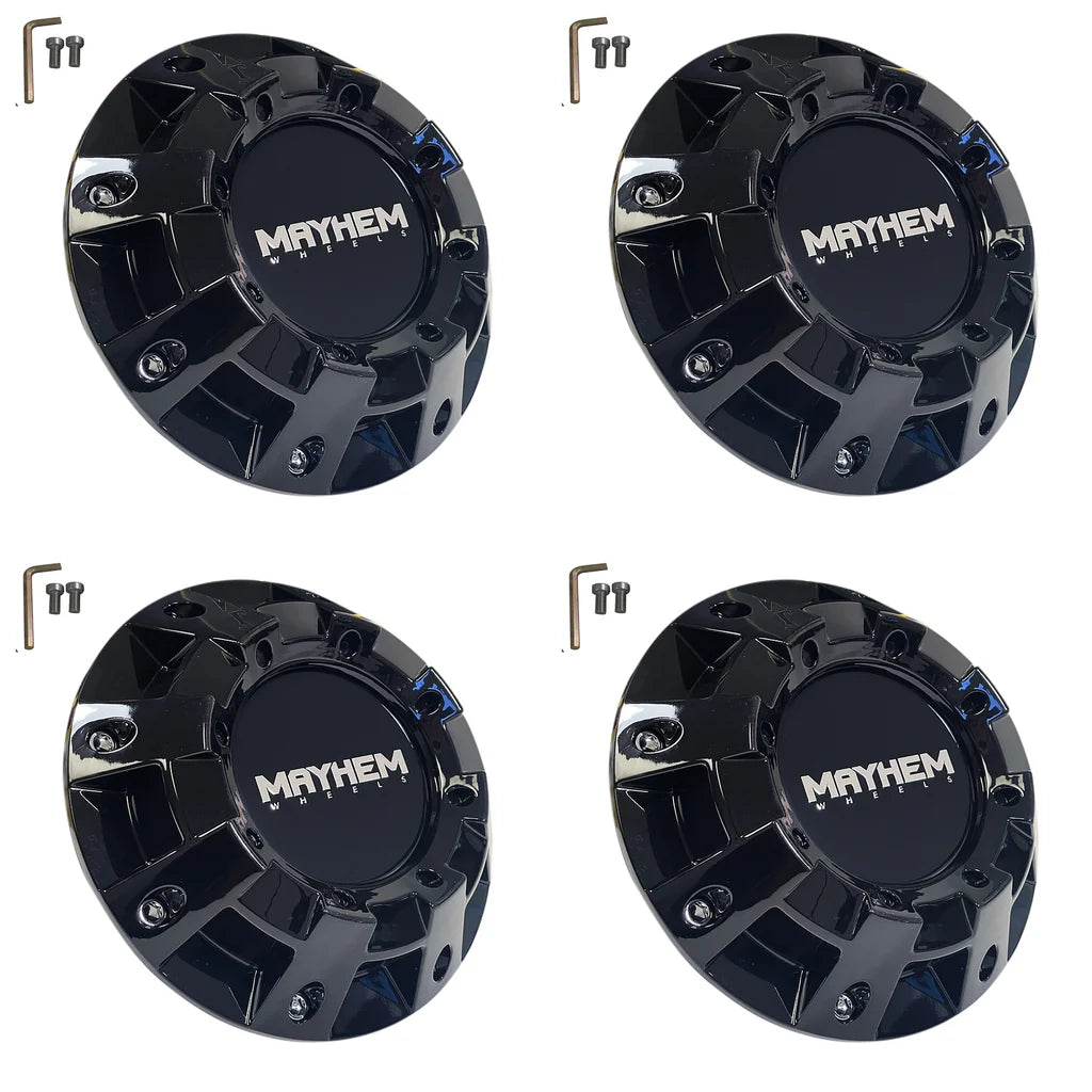 Four MAYHEM Monster 8100 gloss black center caps