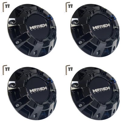 Four MAYHEM Monster 8100 gloss black center caps