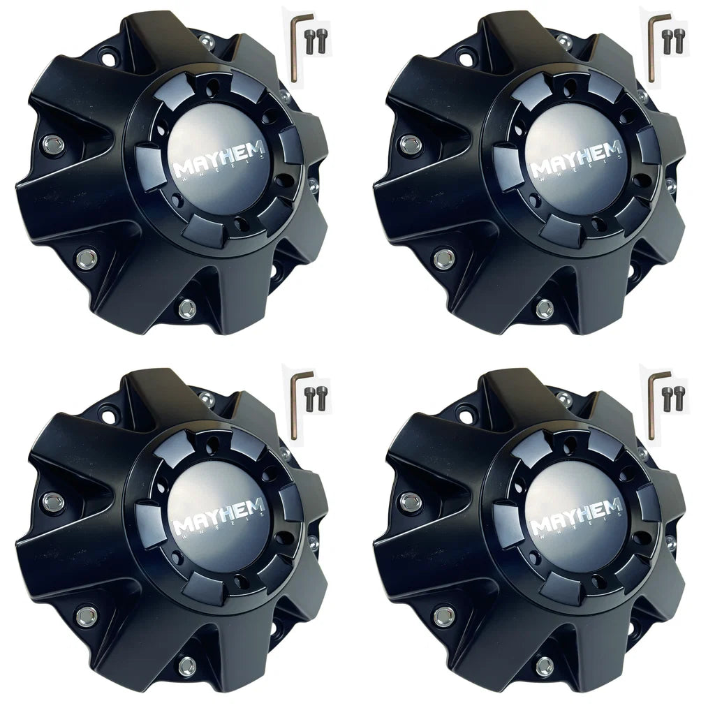 Four MAYHEM Tank Assault matte black center caps