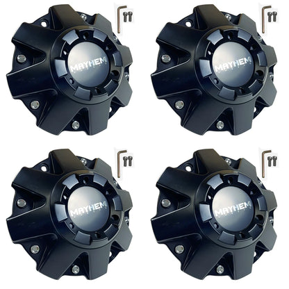 Four MAYHEM Tank Assault matte black center caps