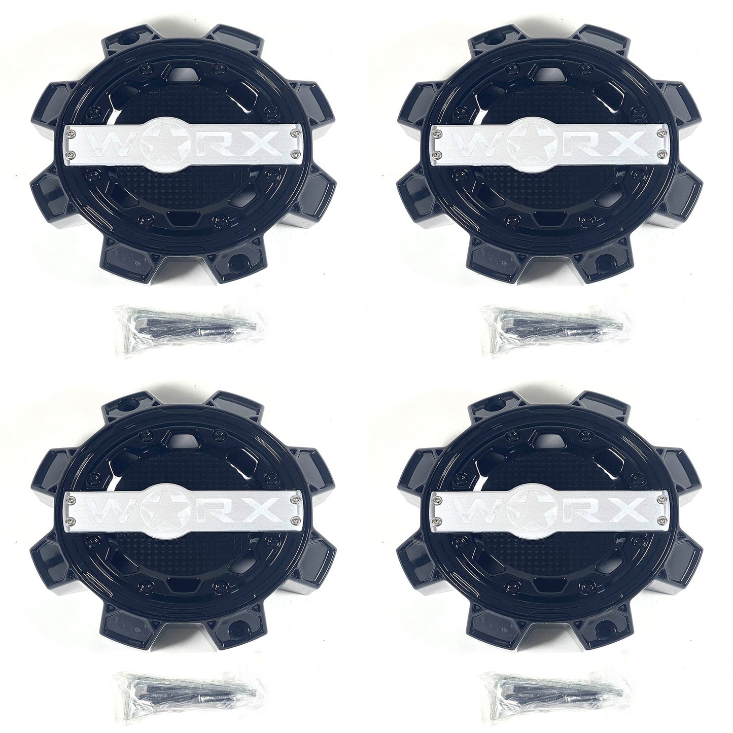 Worx Wheel Center Caps Worx Alloy Gloss Black 8-Lug WRX-0081BK 1700S01 (4 CAPS) + SCREWS