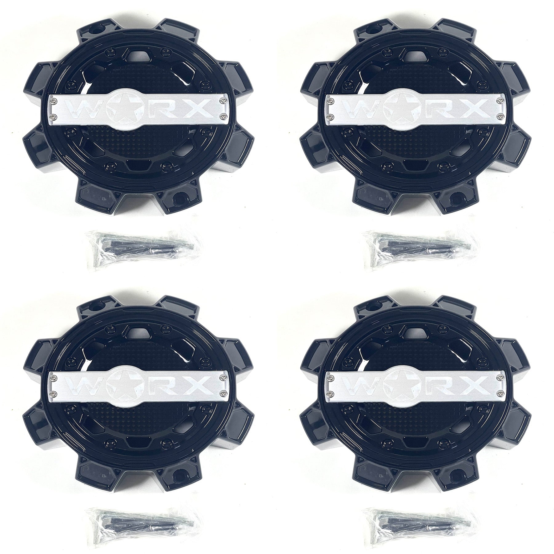 Worx Wheel Center Caps Worx Alloy Gloss Black 8-Lug WRX-0081BK 1700S01 (4 CAPS) + SCREWS