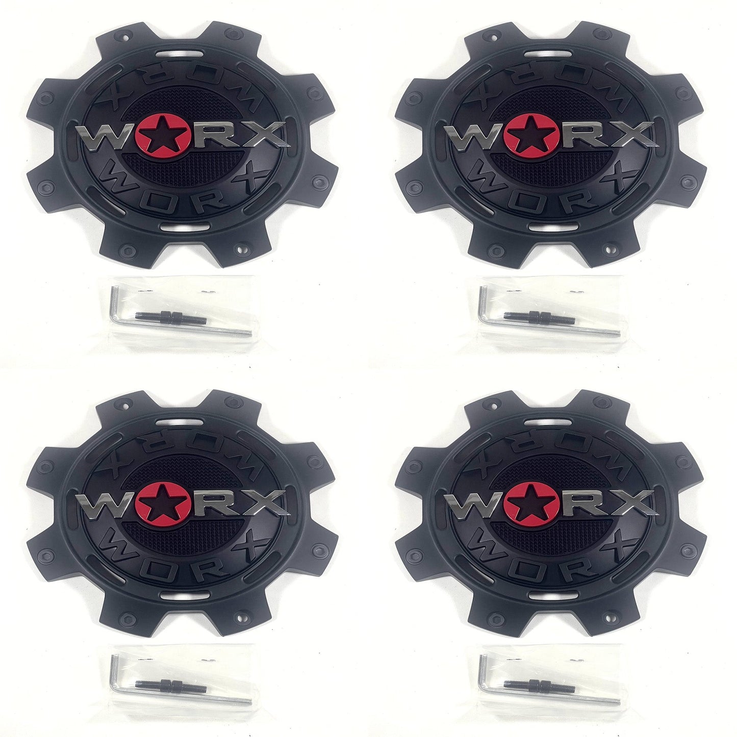 Worx / Ultra Alloy Wheels Matte Black Wheel Center Cap # WRX-8899FSB 30171765F-1 (4 CAPS) +SCREWS
