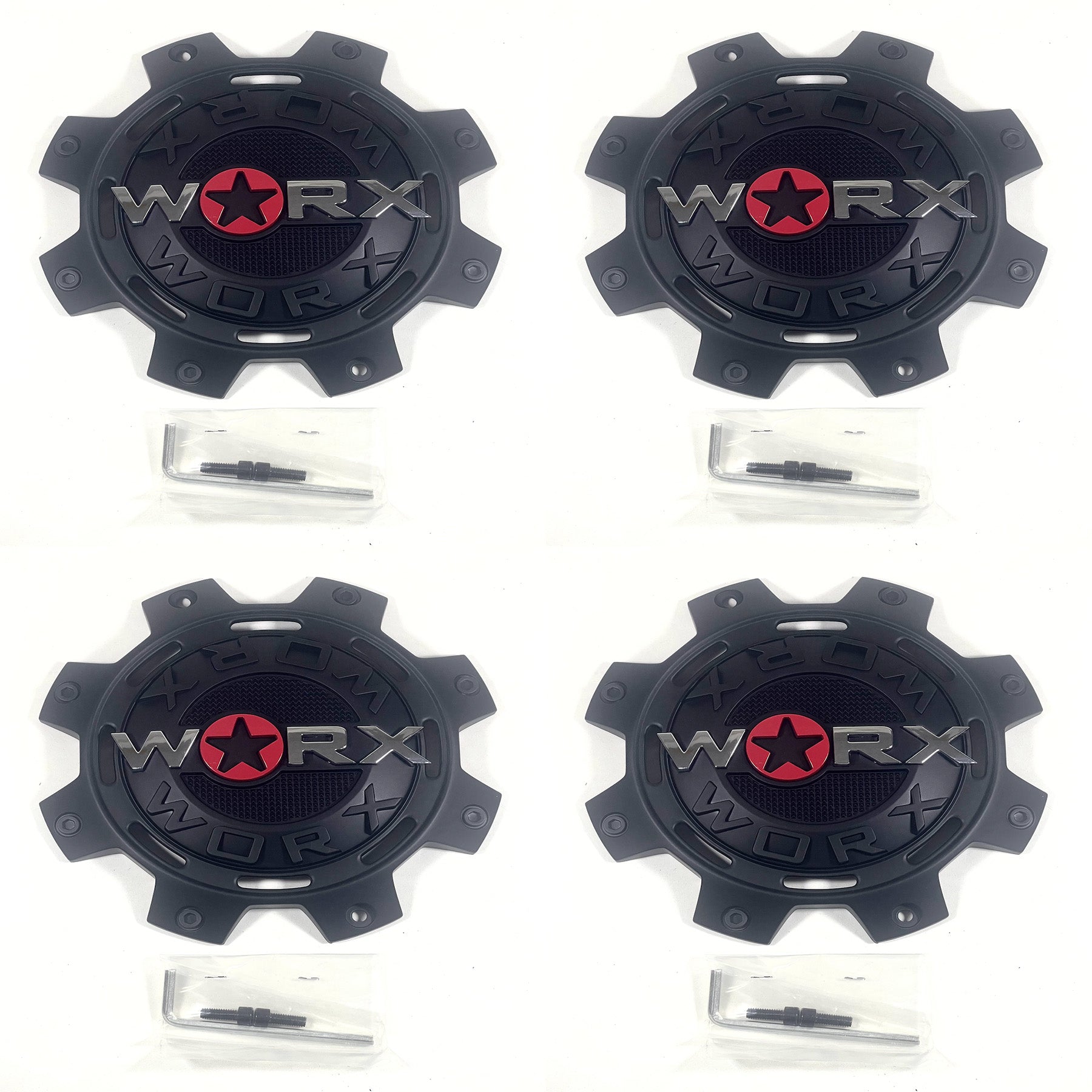 Worx / Ultra Alloy Wheels Matte Black Wheel Center Cap # WRX-8899FSB 30171765F-1 (4 CAPS) +SCREWS
