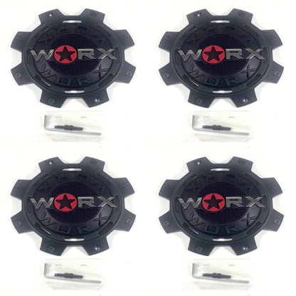 Worx / Ultra Alloy Wheels Matte Black Wheel Center Cap # WRX-8899FSB 30171765F-1 (4 CAPS) +SCREWS