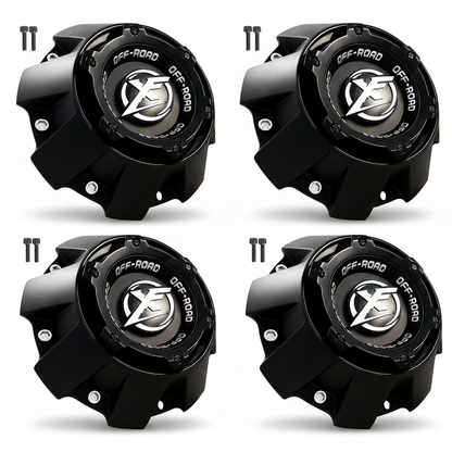 Four XF Off-Road 1444L227H black center caps