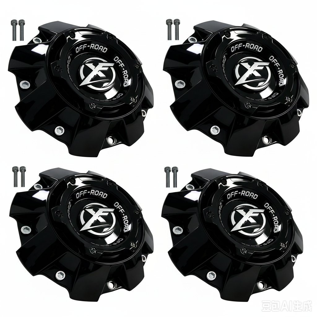 Four XF Off-Road 1444L227 black center caps