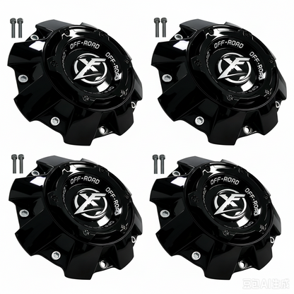 Four XF Off-Road 1444L227 black center caps