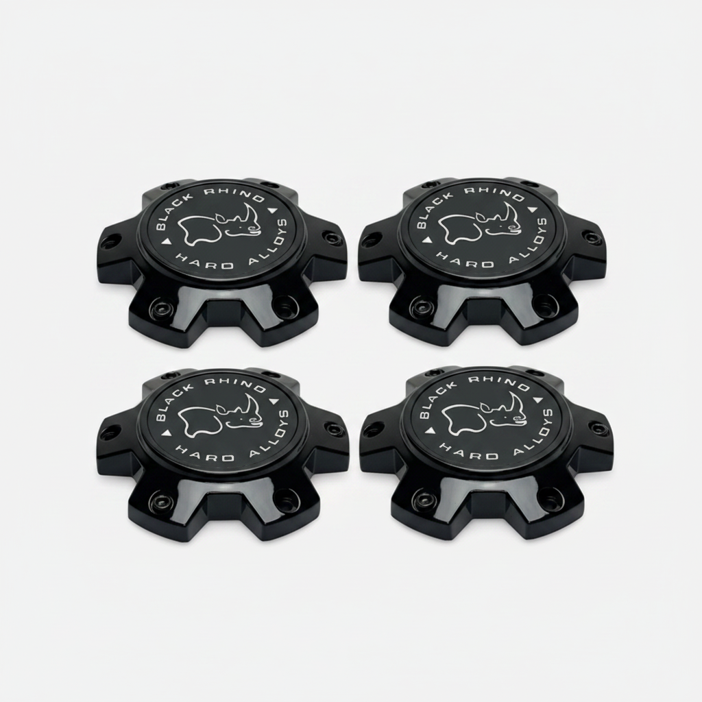 Set of four Black Rhino M-873 gloss black wheel center caps with screws