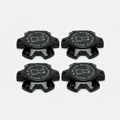 Set of four Black Rhino M-873 gloss black wheel center caps with screws