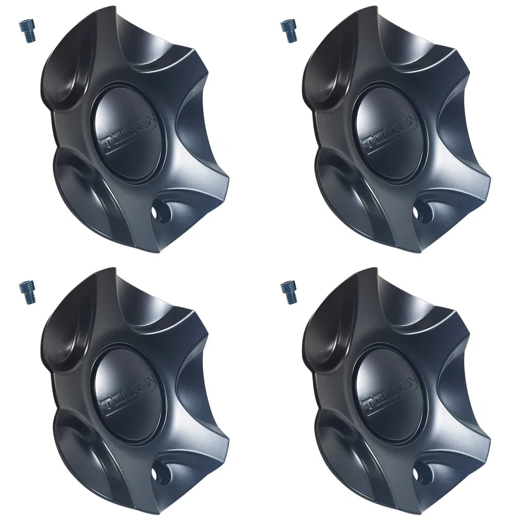 Four TOUREN 3190 matte black center caps